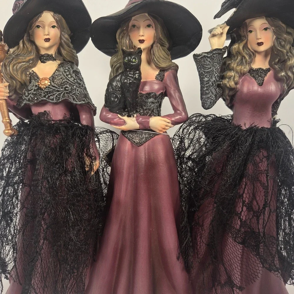 Eerie Charm Set of 3 Witch Figurines 12.5 Inch Halloween Gothic Decor Purple